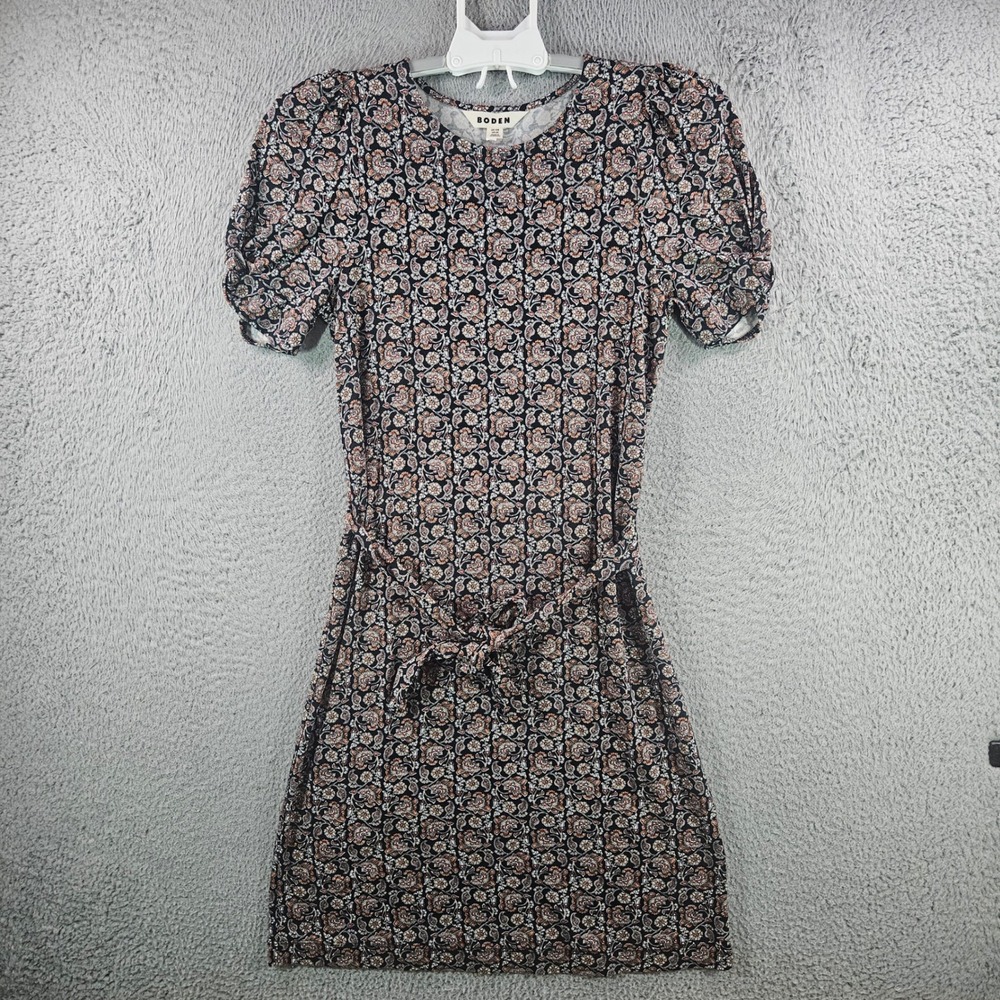 Boden Womens Floral Paisley Puff Sleeve Tie Waist Jersey Mini Dress US 6R